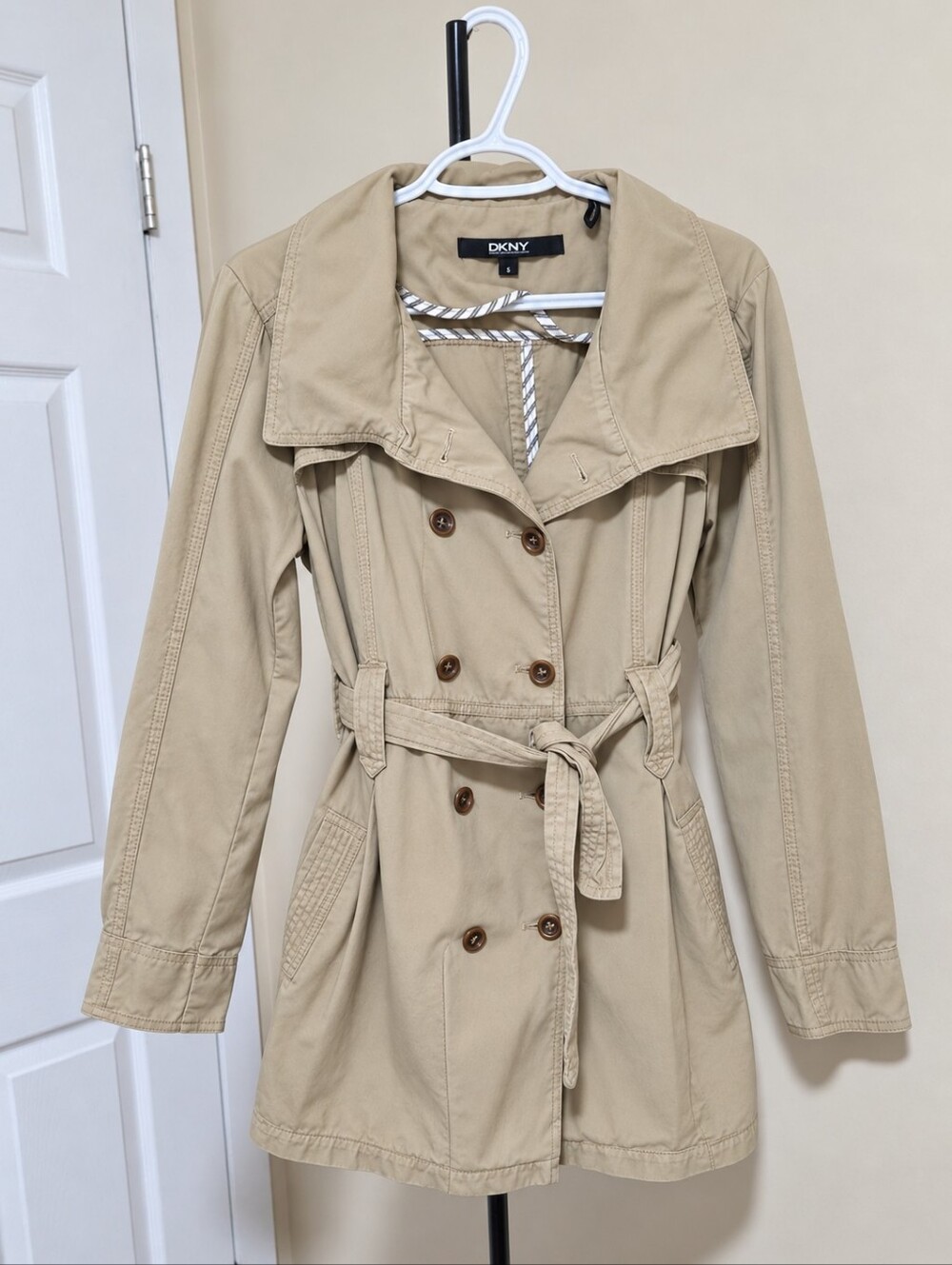 DKNY 100% Cotton  Women's Tan Trench Pea Coat Double Breasted Jacket